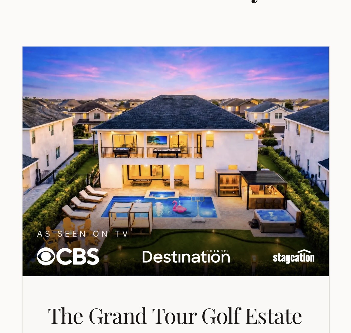Top Orlando vacation home featured at dusk with As Seen On TV branding for Staycation.